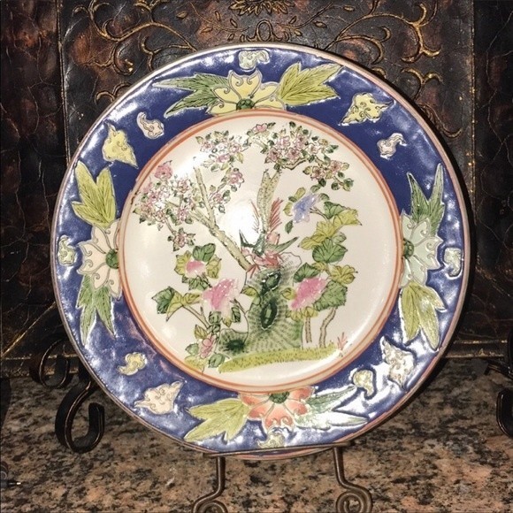 Vintage Oriental Porcelain Enamel Plate Blue Macau Qing Tungzhi mid century, - Picture 6 of 17